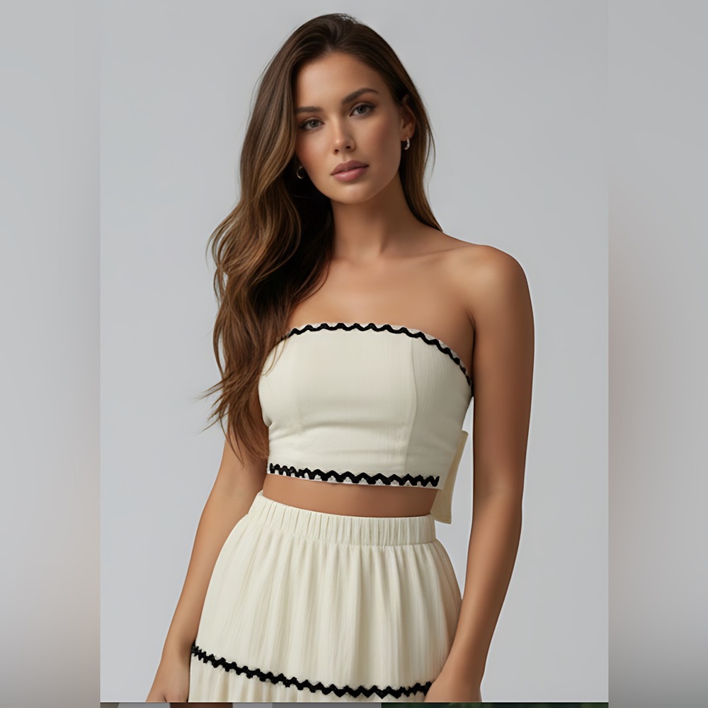 Boho Applique Cropped Bandeau Top And Skirt Set Beige - Picture 6 of 13